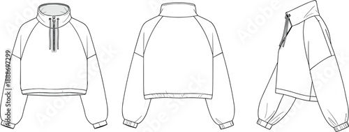 Technical fashion illustration of cropped pullover jacket with high collar, half-zip, and raglan sleeves in three views