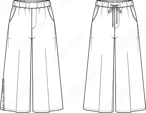 Technical fashion illustration of wide-leg pants with elastic waistband and optional drawstring in front views.