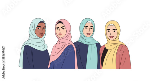 Diverse Group of Four Muslim Women Wearing Colorful Hijabs Vector Illustration
