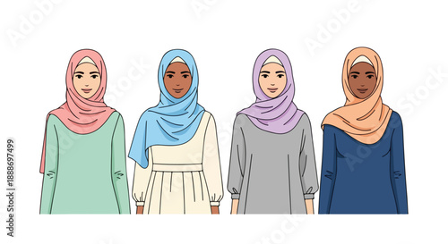 Diverse Group of Four Young Muslim Women Wearing Colorful Hijabs and Modest Clothing