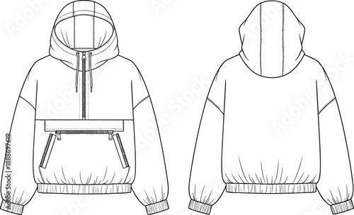 Technical flat sketch of hooded pullover jacket with half-zip front, ribbed cuffs, zip pockets, and clean back view