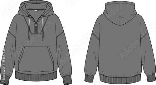Technical flat sketch of hooded sweatshirt with half-zip, kangaroo pocket, and ribbed cuffs in front and back views.