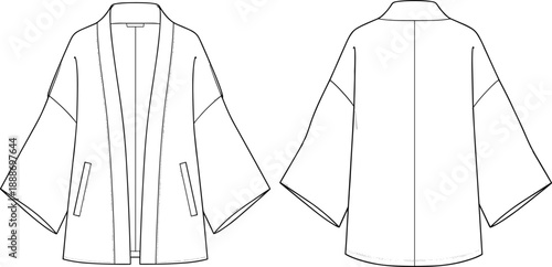 Technical flat sketch of kimono-style jacket with shawl collar, wide sleeves, and welt pockets in front and back views.