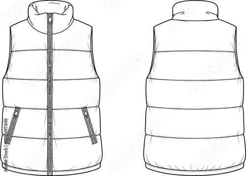 Technical flat sketch of padded vest with horizontal quilting, high collar, and zippered pockets in front and back views.
