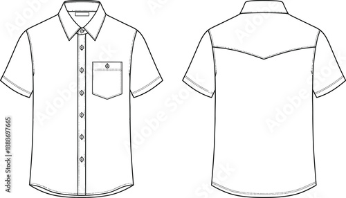 Technical flat sketch of short-sleeve button-up shirt with chest pocket and pointed back yoke in front and back views.