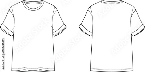 Technical flat sketch of short-sleeve crew neck t-shirt with rolled sleeves and seam details in front and back views.