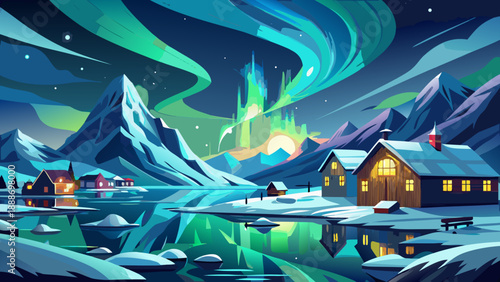 Very beautiful northern lights glow above Tromsø, Norway, reflecting over snowy landscapes at Rørvikneset Sommarøy, capturing the peaceful charm of Arctic winter and polar night scenery.