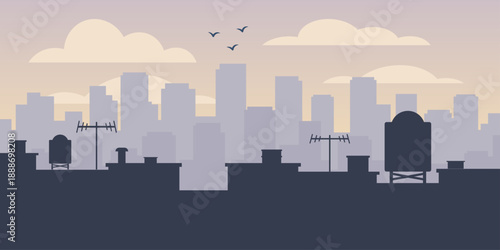 Rooftop silhouette illustration. Foreground roofs with antenna and water tank shapes. Softer city layer behind. Wide pastel sky above.