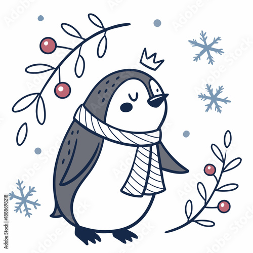 An adorable Penguin with a Bashful vibe, with a tiny crown, and a Winter Wonderland Winter theme – SVG style