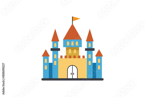 Colorful cartoon castle with blue walls and orange roof towers, fairytale architecture, flat design