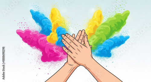 Hands clapping with colorful powder exploding in the background symbolizing celebration and creativity