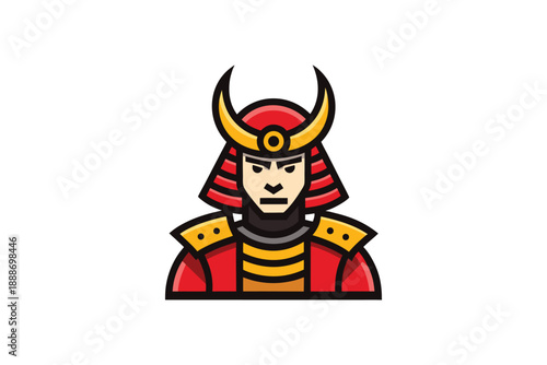 Samurai warrior avatar in traditional red armor and horned golden helmet with bold black outlines