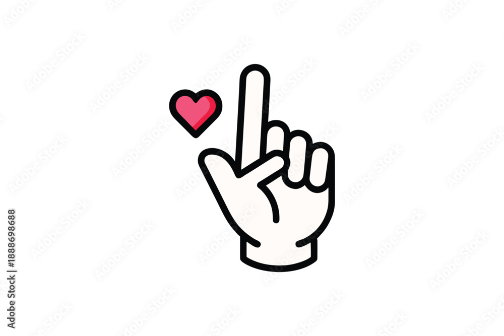 Obraz premium Hand gesture showing index finger pointed up next to small pink heart icon for romantic expression