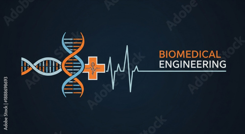 Biomedical engineering concept with dna medical cross and heartbeat line on dark background