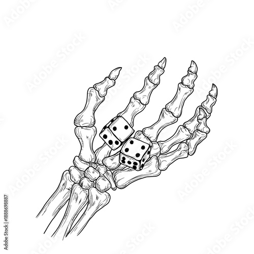 Skeleton hands, bony fingers holding dice, black and white sketch. Vector illustration. Dead man's skeletal hands, isolated on a white background. Suitable for Halloween prints, various occasions