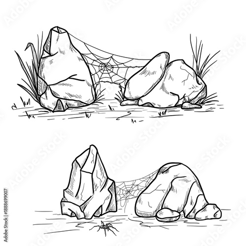 Stones and boulders in the grass and cobwebs, black and white sketch. Vector illustration. Rock fragments in bushes, a spider, and a web, set isolated on a white background.
