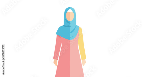Minimalist vector illustration of a woman wearing a blue hijab and pink dress