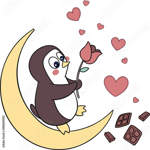 Valentine Blush colored Penguin with a Bashful touch, placed in a Valentine theme and styled with sitting on a moon