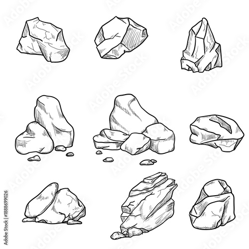 Stones of different shapes, black and white sketch. Vector illustration.Collection of rock fragments, boulder, gravel rubble isolated on white background