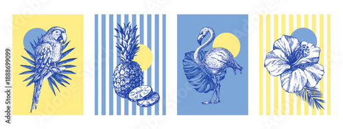 Vintage tropical exotic banner set. Parrot, toucan, tropical leaves, hibiscus. Coffee, restaurant, food packaging, event decor poster concept. Hand drawn sketch vector illustration.