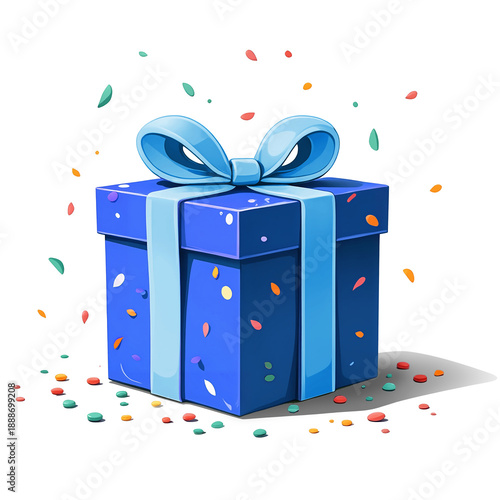 Illustration of a blue gift box with a light blue ribbon and bow, isolated on a transparent background, ideal for holidays, birthdays, themed gifts and celebration designs.