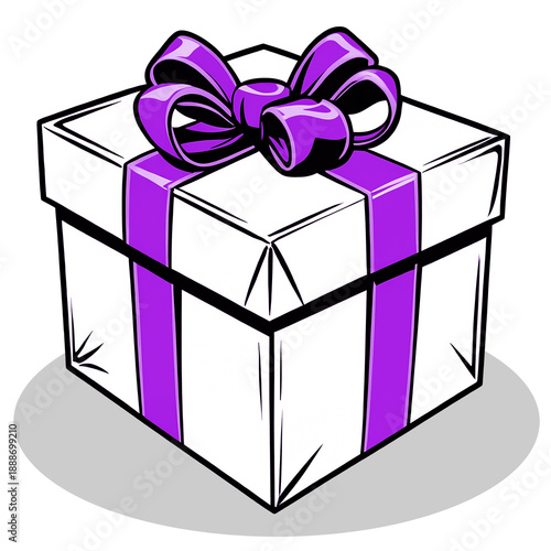Illustration of a white gift box with a purple ribbon and bow, isolated on a transparent background, ideal for holidays, birthdays, themed gifts and celebration designs.
