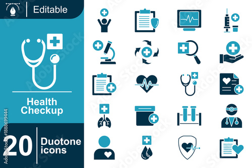 Health Checkup Icons Duotone Medical Symbols for Health, Science, and Professional Use