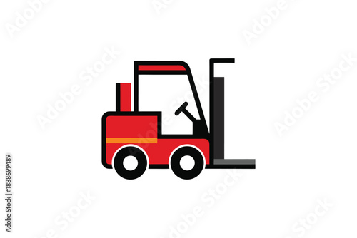 Red forklift truck icon, industrial vehicle for lifting and moving heavy loads, isolated on white background