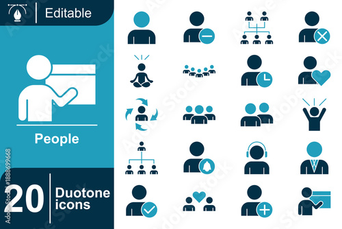Set of 20 duotone icons representing various people, communication, and professional concepts on a blue background, editable graphic design elements