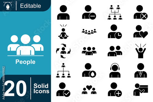 Collection of 20 solid editable icons representing people, communication, and team collaboration for diverse applications