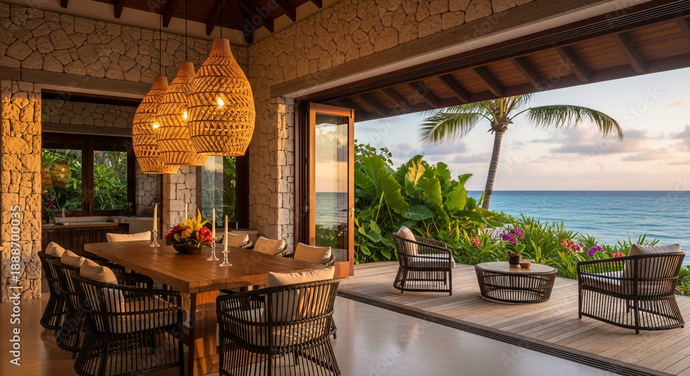 Fototapeta premium Open-air coastal dining room with natural stone walls, woven lighting, and a sunset ocean view 