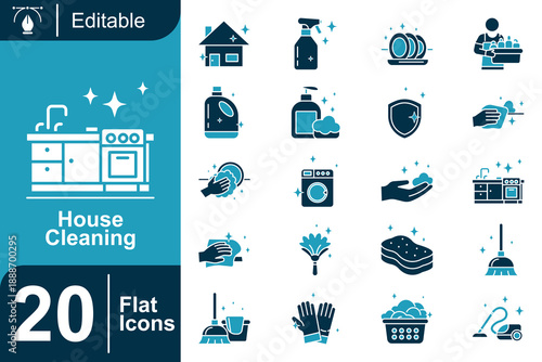 Flat Icons Representing House Cleaning Tools and Supplies, Essential for Home Maintenance and Hygiene