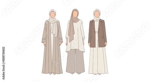 Three Vector Illustrations of Modest Fashion Outfits with Hijabs