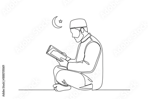 Vector illustration of a man reading Quran under moonlight