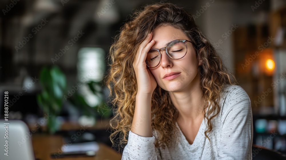 Obraz premium A high-quality lifestyle photo of a young professional sitting at a desk and holding their head with one hand, expressing deep thought, stress, or exhaustion in a modern office.