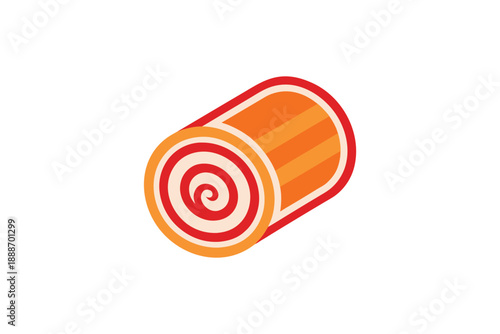 Rolled cake with orange and white filling displayed on a white background with a subtle 3d effect and clean design.