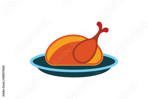 Whole roasted chicken presented on a blue serving plate, cooked to perfection, isolated on a clean white background.