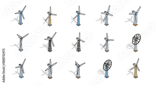 Collection of Wind Turbine Farm Outline Icons on Isolated White Background