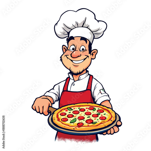Vsai smiling chef holding a fresh delicious pepperoni pizza