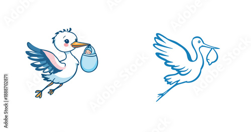 Vsai stork carrying newborn baby in a blue bundle