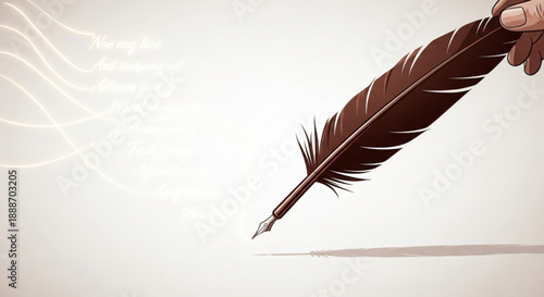 Hand holding brown feather quill pen writing on white background with soft lighting
