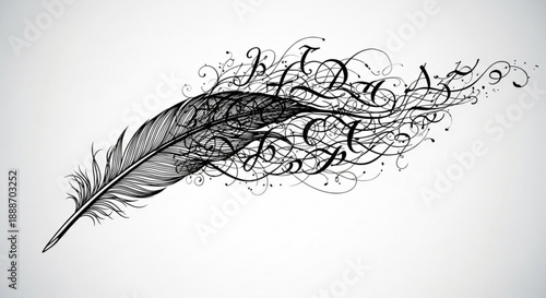 Whisk like feather quill pen with swirling calligraphy ink strokes on white background for creative writing and art