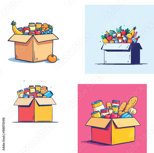Vsai food donation boxes with various groceries for charity