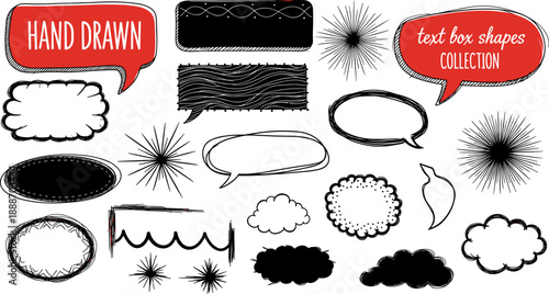 Hand drawn text box shapes collection, speech bubbles, thought clouds, decorative frames, comic style, black and red outline elements