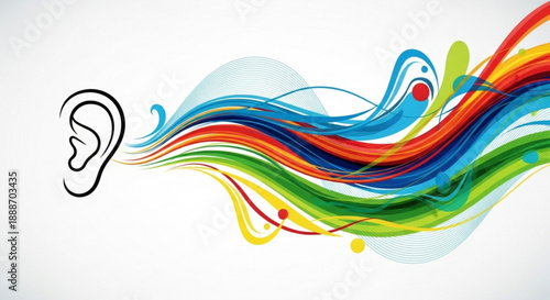 Vibrant colorful sound waves flowing from a human ear on a white background symbolizing hearing and audio perception in a creative abstract illustration