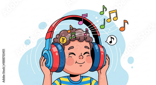 Happy child listening to music with colorful headphones and notes floating around