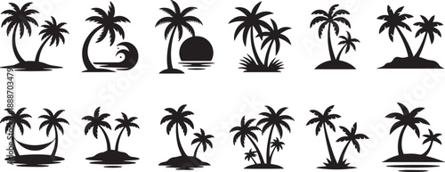 Tropical Palm Tree Island Silhouette Icon Set