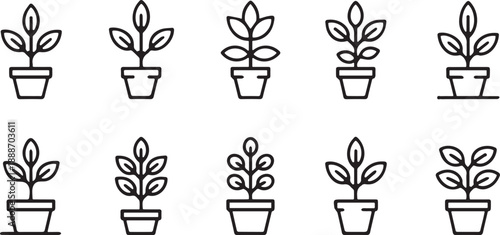 Potted plant simple line icons set for gardening and growth concept