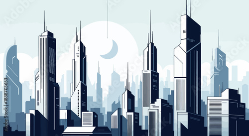 Modern City Skyline with Tall Skyscrapers Against a Grey-Blue Sky and Crescent Moon, Urban Night View