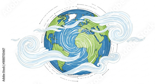Earth with swirling wind patterns around it illustrating global weather and climate change concepts